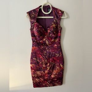 Jax Cocktail Dress Burgundy & Gold Satin Bandage sz 2